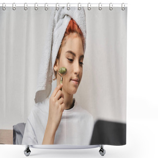 Personality  Attractive Red Haired Queer Person In Homewear Using Face Roller While Relaxing On Bed With Laptop Shower Curtains