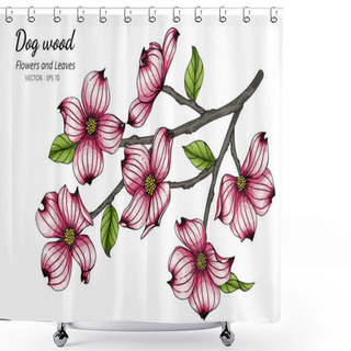Personality  Pink Dogwood Flower And Leaf Drawing Illustration With Line Art On White Backgrounds. Shower Curtains