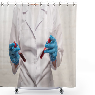 Personality  Cropped View Of Doctor Holding Test Tubes With Blood Samples On White Background Shower Curtains