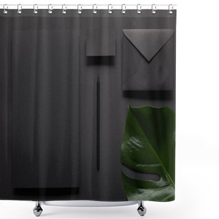 Personality  Business Mock Up With Black Notebook On Black Background With Monstera Leaf Shower Curtains