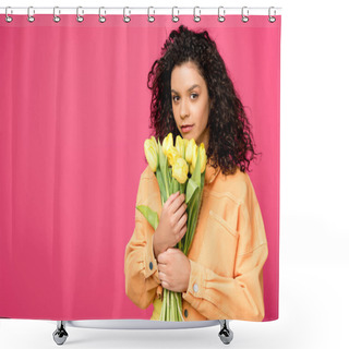 Personality  Attractive Curly African American Girl Holding Yellow Tulips Isolated On Crimson Shower Curtains