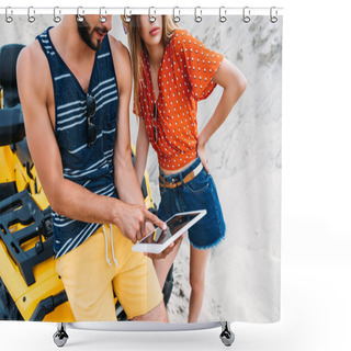 Personality  Cropped Shot Of Young Couple With ATV Using Digital Tablet In Desert Shower Curtains