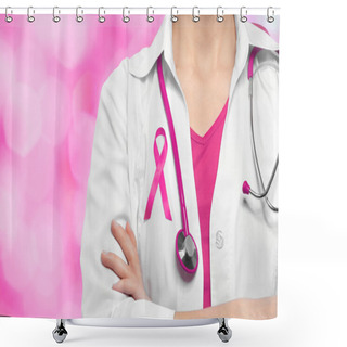 Personality  Female Doctor With Pink Ribbon On Chest Against Color Background. Oncology And Breast Cancer Concept. Shower Curtains