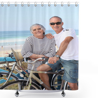 Personality  Senior Couple Riding Bikes On The Beach Shower Curtains