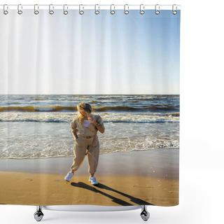 Personality  Young Woman In Stylish Clothing Standing On Seashore On Summer Day Shower Curtains