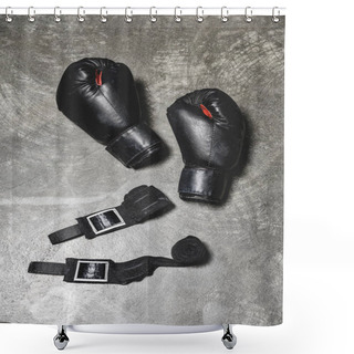 Personality  Top View Of Boxing Gloves With Wrist Wraps Lying On Concrete Surface Shower Curtains