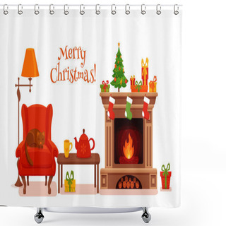 Personality  Christmas Room Interior In Colorful Cartoon Flat Style. Shower Curtains