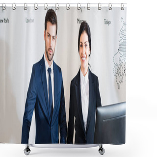 Personality  Panoramic Shot Of Cheerful Woman Near Serious Man In Suit  Shower Curtains