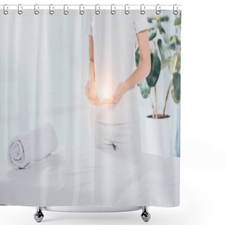 Personality  Mid Section Of Reiki Healer With Light Energy In Hands Standing Near White Massage Table  Shower Curtains