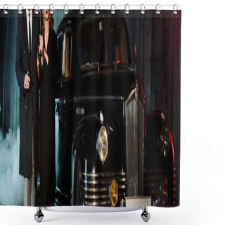 Personality  Panoramic Shot Of Gangster Holding Umbrella And Gun While Walking With Woman Near Retro Car  Shower Curtains