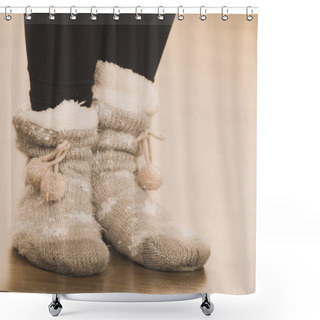 Personality  Girl Wearing Winter Warm Socks. Shower Curtains