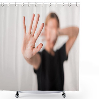 Personality  Selective Focus Of Woman Showing Stop Gesture Isolated On White  Shower Curtains