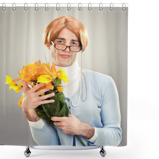 Personality  Ugly Woman With Glasses Hold Flowers On Grey Background Shower Curtains
