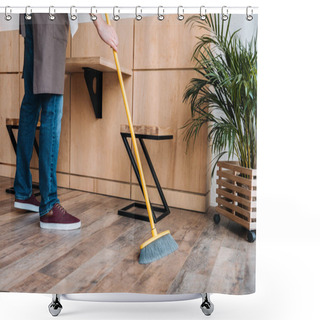 Personality  Worker Cleaning Floor With Broom Shower Curtains