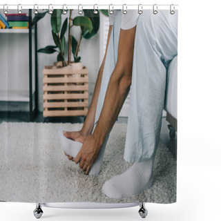 Personality  Cropped Shot Of Man Sitting On Bed And Suffering From Foot Pain Shower Curtains