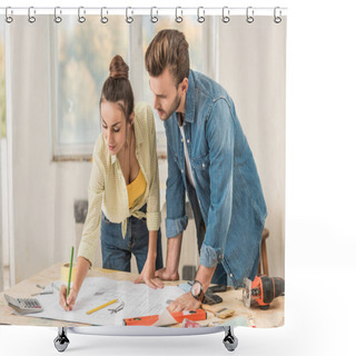 Personality  Young Couple Marking Blueprint And Discussing Renovation Together Shower Curtains