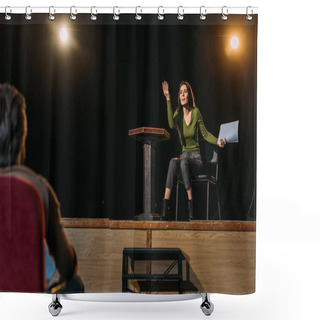 Personality  Selective Focus Of Theater Director And Actress Performing Role On Stage Shower Curtains