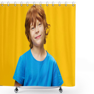 Personality  Smiling Redhead Boy Close-up Blue T-shirt Yellow Background Shower Curtains