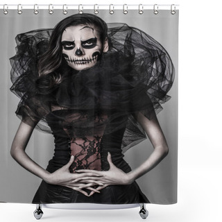 Personality  Brunette With A Greasepaint Of A Skull In The Dark Atmosphere Shower Curtains