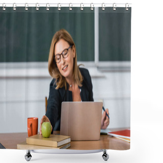 Personality  Female Teacher Sitting At Computer Desk And Reaching For Apple In Classroom Shower Curtains