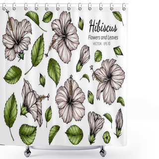 Personality  Set Of White Hibiscus Flower And Leaf Drawing Illustration With Line Art On White Backgrounds. Shower Curtains