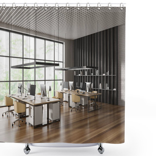 Personality  Corner Of Stylish Open Space Office With White And White Brick Walls, Wooden Floor, Rows Of Computer Tables With Yellow Chairs And Panoramic Window With Tropical View. 3d Rendering Shower Curtains