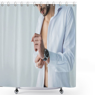 Personality  Handsome Man In White Shirt Wearing Wristwatch, Isolated On Grey Shower Curtains