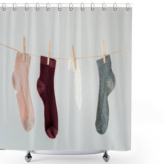Personality  Multicolored Shiny Socks And White Condom Isolated On Grey Shower Curtains