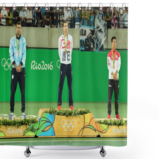 Personality  Juan Martin Del Porto ARG (L), Olympic Champion Andy Murray GBR And Kei Nishikori JPN During Tennis Men's Singles Medal Ceremony Shower Curtains