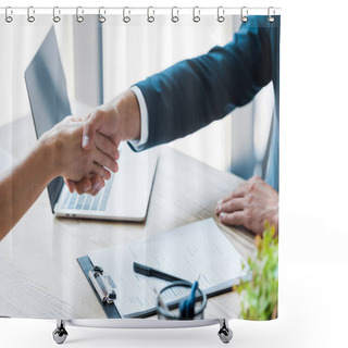 Personality  Selective Focus Of Employee And Recruiter Shaking Hands Near Laptop  Shower Curtains