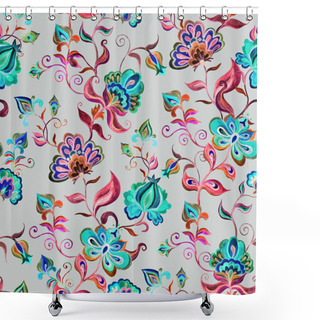 Personality  Hand Crafted Native Motifs - Seamless Floral Pattern With Intricate Flowers At Neutral Grey Background. Watercolor Shower Curtains