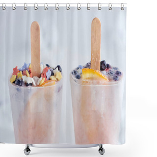 Personality  Close-up View Of Tasty Homemade Ice Cream With Sticks In Containers On Grey    Shower Curtains