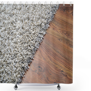Personality  White Shaggy Carpet On Brown Wooden Floor Shower Curtains