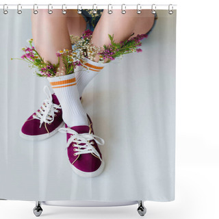 Personality  Cropped Shot Of Young Woman With Flowers In Socks Sitting Isolated On Grey Shower Curtains