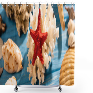 Personality  Seashells, Starfish And Coral On Wooden Blue Background, Panoramic Shot Shower Curtains