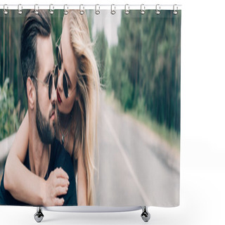 Personality  Young Tender Couple Of Bikers Hugging On Black Motorcycle On Road Near Green Forest, Panoramic Shot Shower Curtains