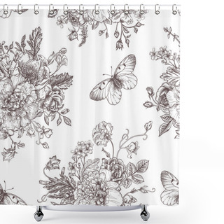 Personality  Seamless  Pattern  Flowers And Butterflies. Shower Curtains