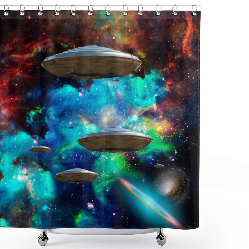 Personality  Flying Saucers In Colorful Universe. Shower Curtains