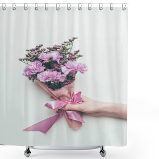 Personality  Cropped Shot Of Person Holding Beautiful Elegant Bouquet Of Tender Purple Flowers With Ribbon Isolated On Grey Shower Curtains