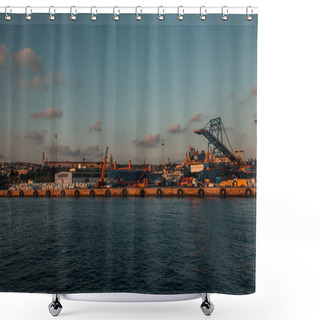 Personality  Cargo Port With Cranes On Coast Of Sea, Istanbul, Turkey  Shower Curtains