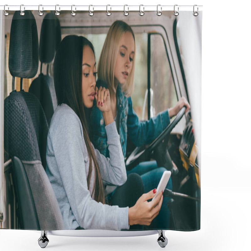 Personality  Multiethnic Girls Driving Minivan Shower Curtains