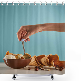 Personality  Cropped View Of Woman With Spoon, Bowl Of Ice Cream And Waffle Cones On Blue Shower Curtains