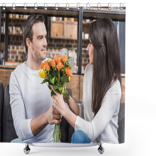 Personality  Multiethnic Couple Looking At Each Other While Man Presenting Bouquet Of Flowers To Woman Shower Curtains