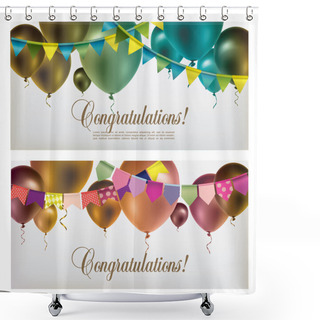 Personality  Two Banners With Multicolored Flying Balloons, Paper Garlands And Confetti. Shower Curtains