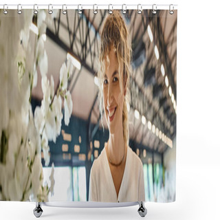 Personality  Happy Blonde Woman Smiling Near White Floral Composition In Event Hall, Florist At Work, Banner Shower Curtains
