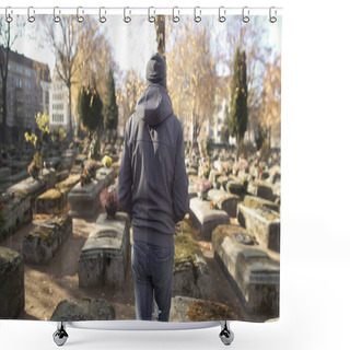 Personality  Sad Man Walking On Ancient Cemetery, Visiting Relative, Commemorating Ancestors Shower Curtains