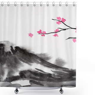 Personality  Japanese Painting With Grey Hill And Sakura Branches On White  Shower Curtains