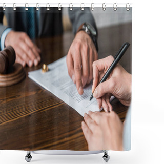 Personality  Cropped Shot Of Judge Pointing At Papers And Client Signing Divorce Decree  Shower Curtains