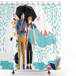 Personality  Happy Elegant Couple Standing Together Under Umbrella With Rain And Cloud Illustration  Shower Curtains
