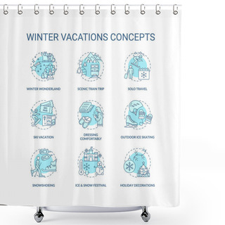 Personality  Winter Vacations Concept Icons Set. Holiday Pastime Idea Thin Line RGB Color Illustrations. Solo Travel. Snowshoeing. Scenic Train Trip. Vector Isolated Outline Drawings. Editable Stroke Shower Curtains
